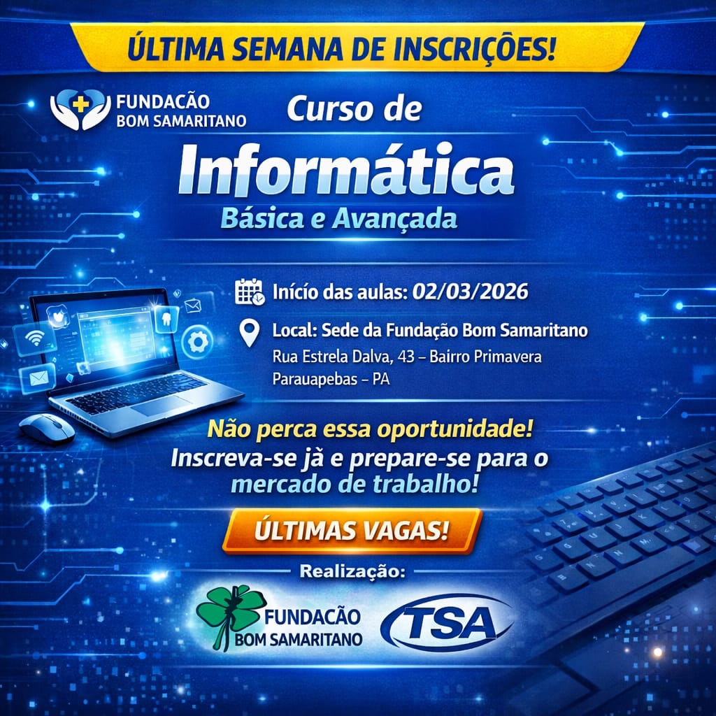 Última semana de inscrições para os Cursos de Informática Básica e Avançada 2026.