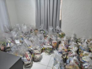 Conjunto de cestas básicas e alimentos organizados após a arrecadação da FAP 2026